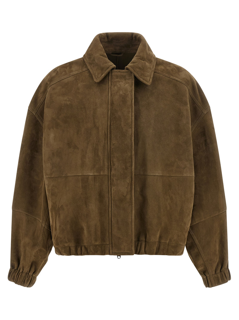 Brunello Cucinelli Shiny Zipper Pull Suede Jacket | Urbalenti™ NYC
