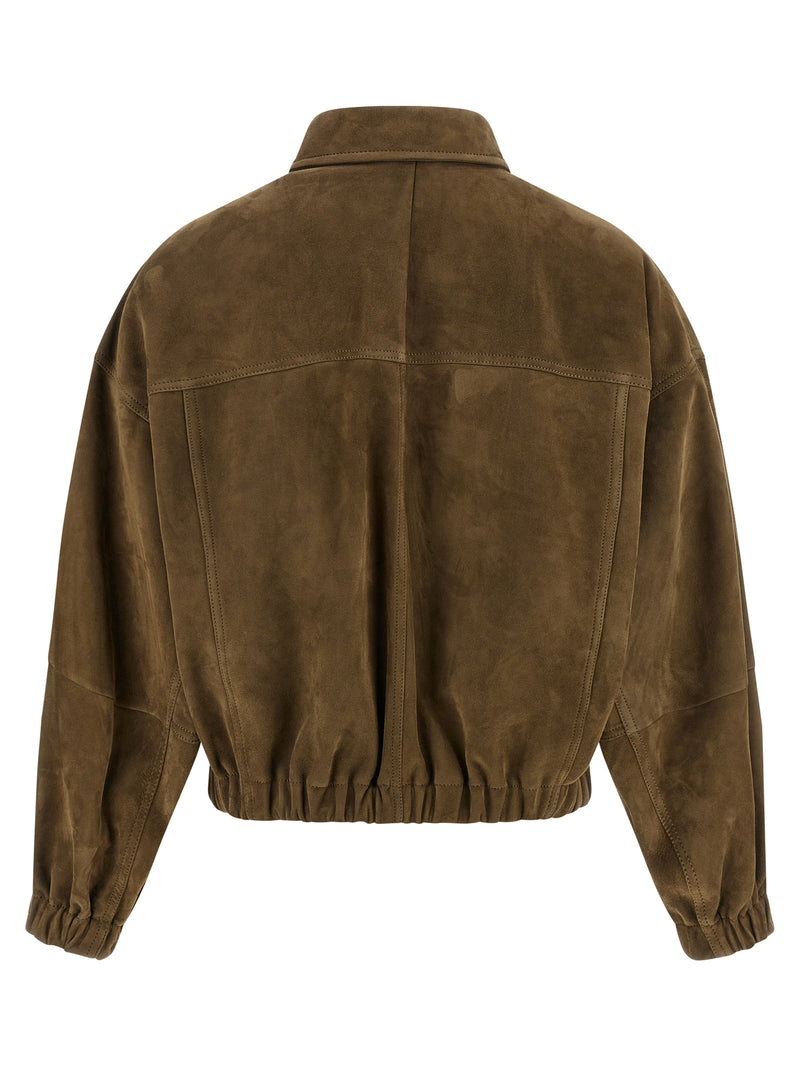 Brunello Cucinelli Shiny Zipper Pull Suede Jacket | Urbalenti™ NYC