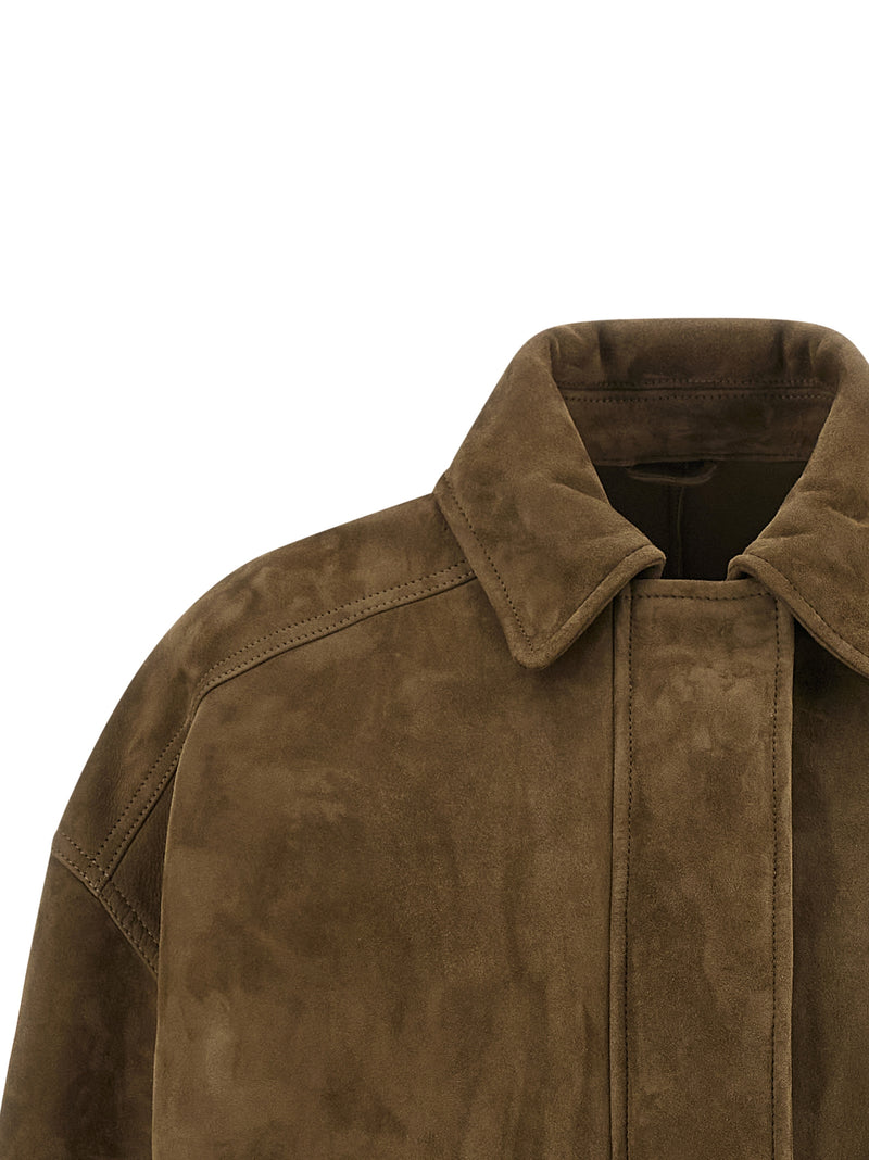 Brunello Cucinelli Shiny Zipper Pull Suede Jacket | Urbalenti™ NYC