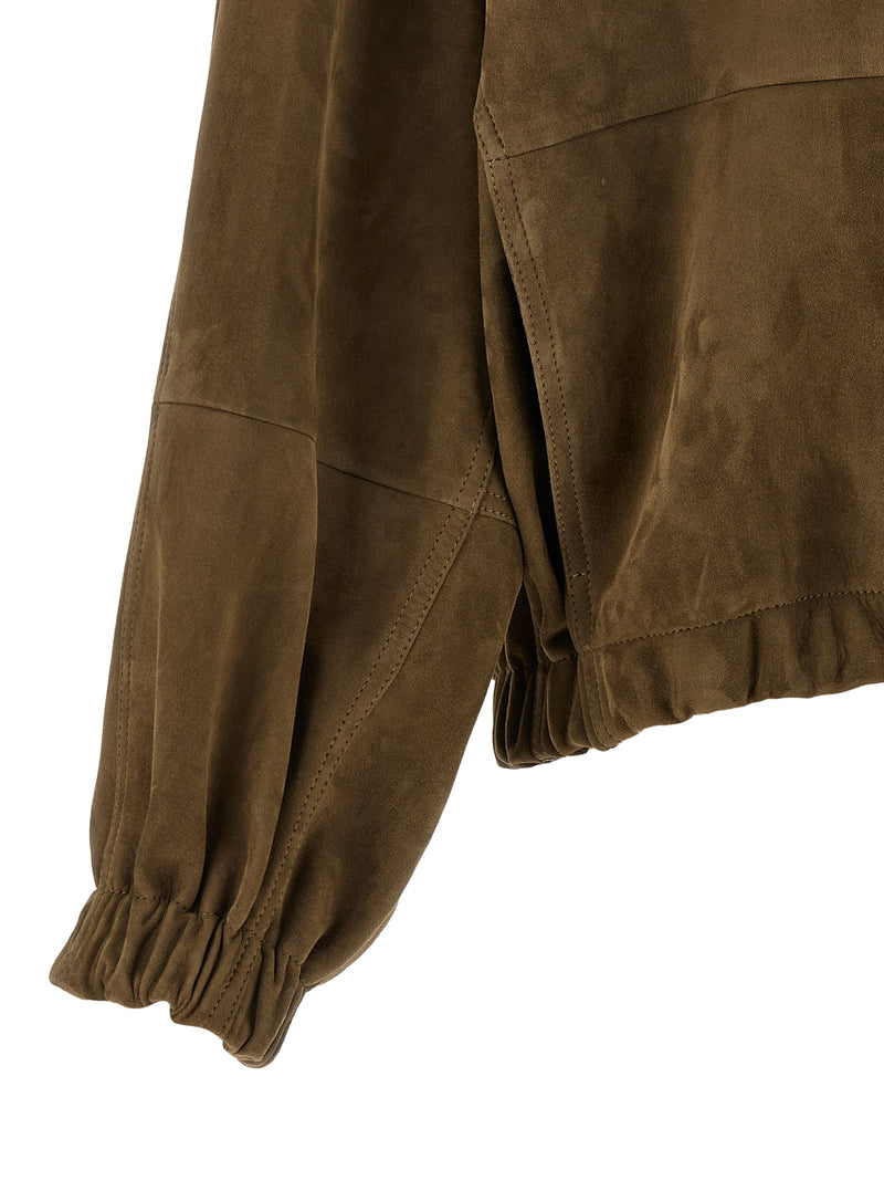 Brunello Cucinelli Shiny Zipper Pull Suede Jacket | Urbalenti™ NYC