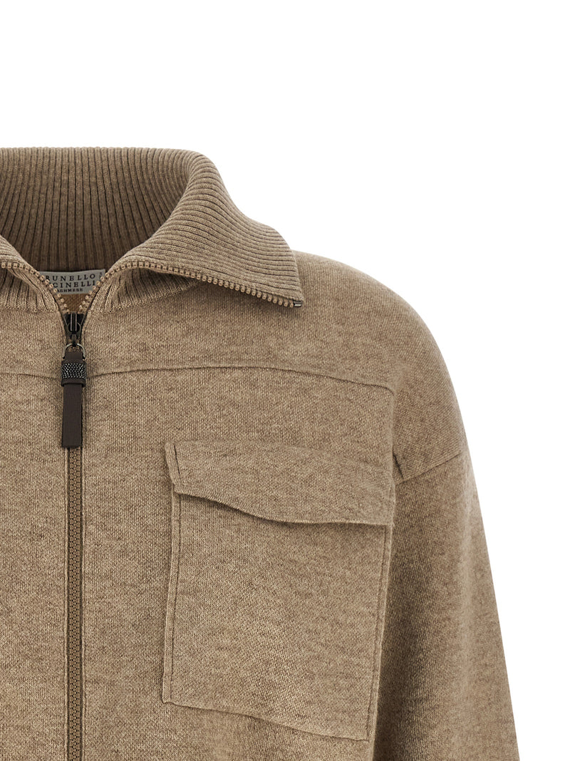 Brunello Cucinelli Brunello Cucinelli Shiny Zipper Pull Wool Cardigan