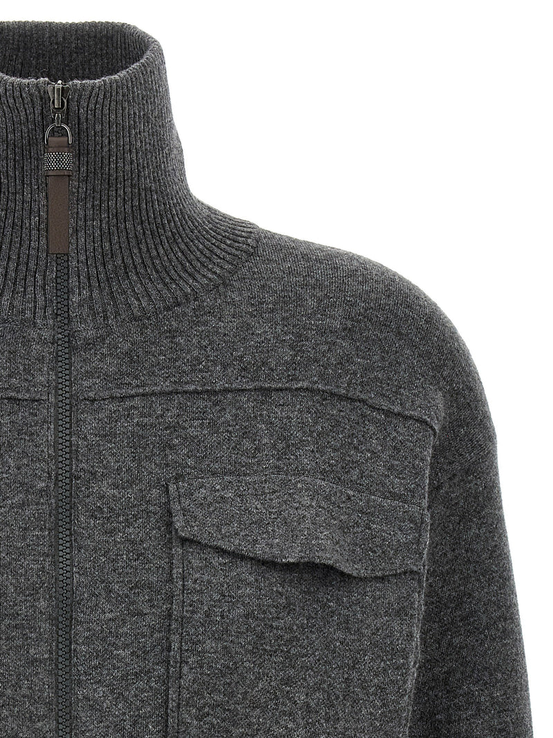 Brunello Cucinelli Brunello Cucinelli Shiny Zipper Pull Wool Cardigan