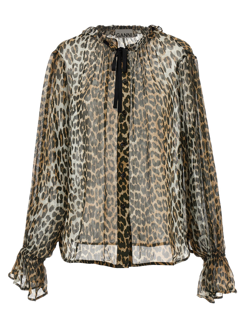 Ganni Ganni Leopard Print Chiffon Tie String Shirt
