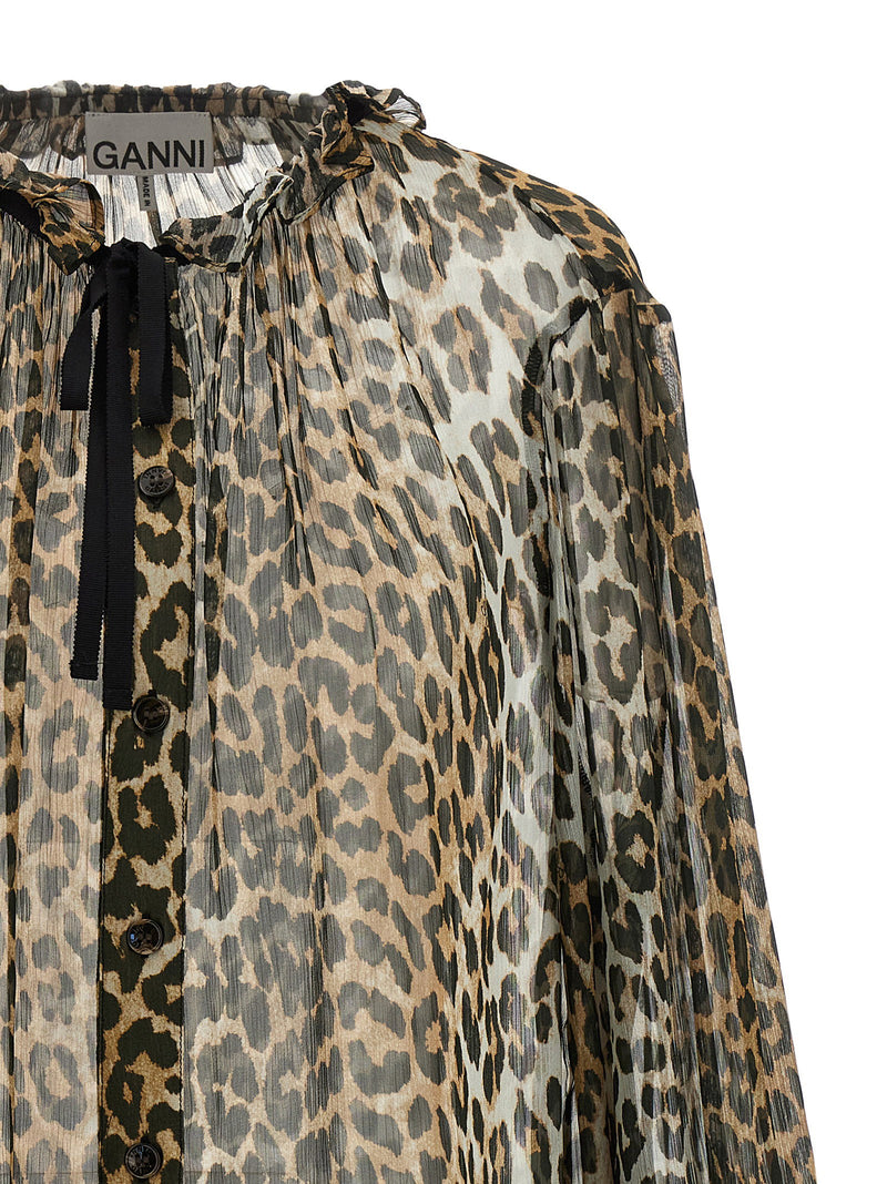 Ganni Ganni Leopard Print Chiffon Tie String Shirt
