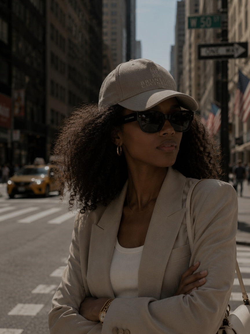 A woman standing on a city street wearing a light beige baseball cap with 'BOSTON' embroidered on the front, a matching beige blazer, a white top, and dark sunglasses.