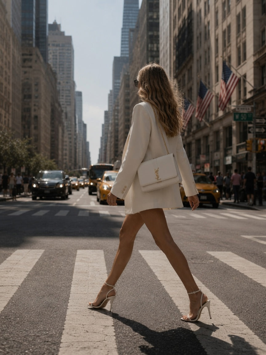 A woman in a cream blazer and mini dress walks across a city crosswalk, carrying a white shoulder bag with a gold YSL monogram, in a New York City setting.