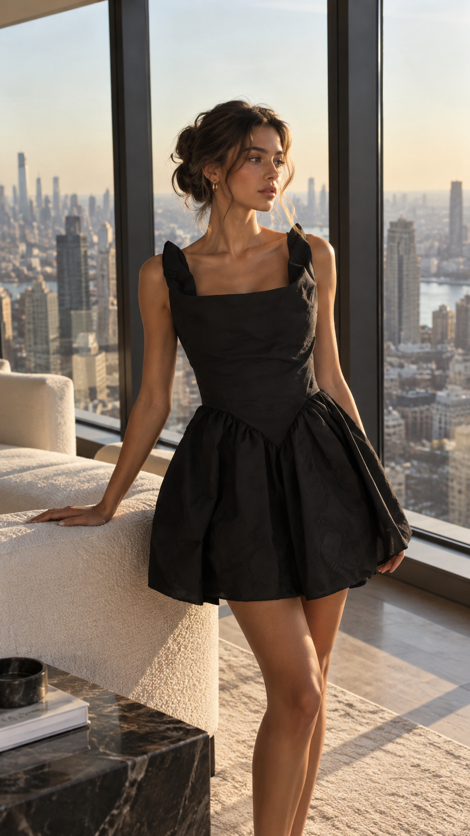 Stylish model wearing a long-sleeve, U-neck dress from the Women's Dresses collection, showcasing a soft green hue and layered design, perfect for modern elegance.