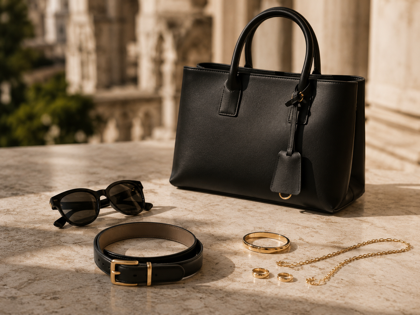 Explore our Accessories collection featuring a chic cream handbag, gold jewelry, stylish sunglasses, and a patterned silk scarf. Discover luxury Designer Accessories from Italy at URBALENTI™.