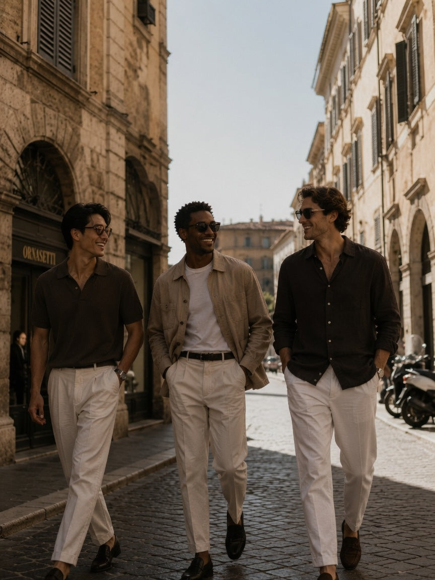 Three men walking down a sunlit cobblestone street lined with historic buildings, each wearing light-colored trousers and dark tops in different colorways.