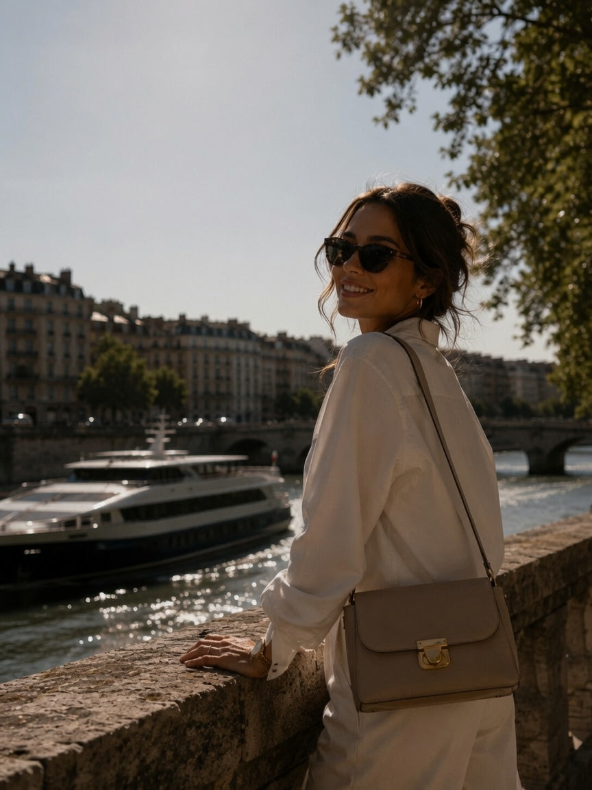 A woman in a white outfit and sunglasses stands by a stone railing overlooking a river with a boat and city buildings in the background, carrying a taupe shoulder bag.