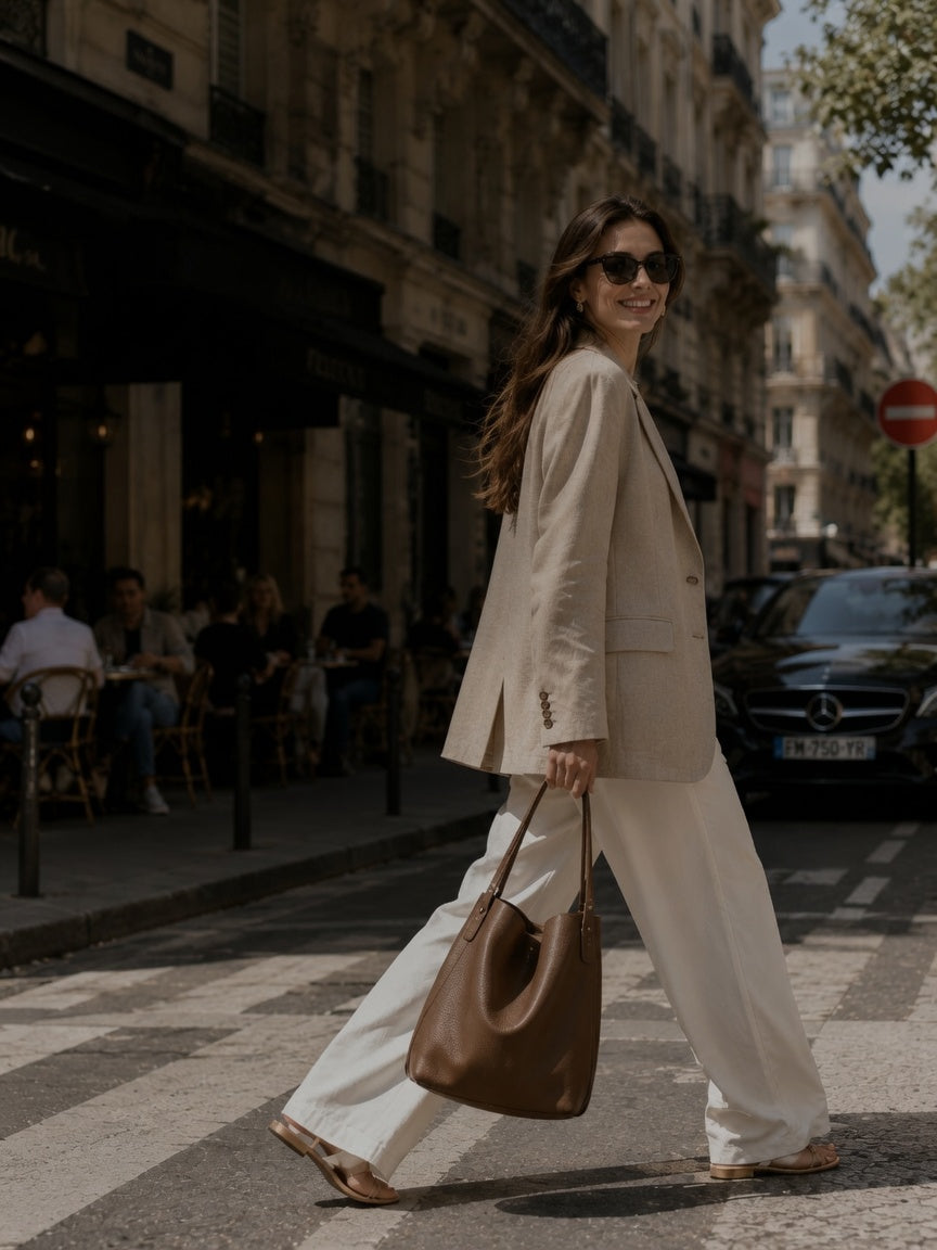 A woman walking on a city street wearing a light beige blazer, white wide-leg trousers, and carrying a brown leather hobo bag.